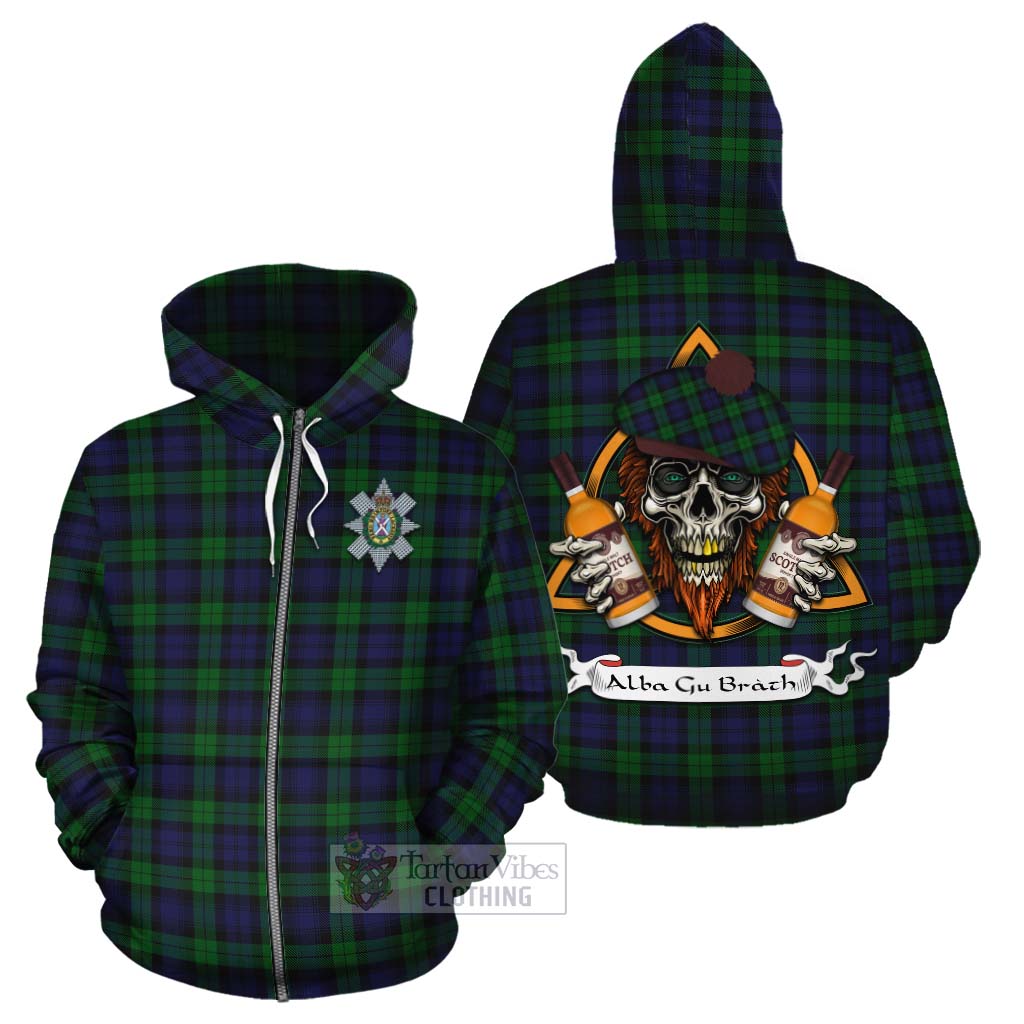 Tartan Vibes Clothing Black Watch Tartan Cotton Hoodie with Family Crest and Bearded Skull Holding Bottles of Whiskey
