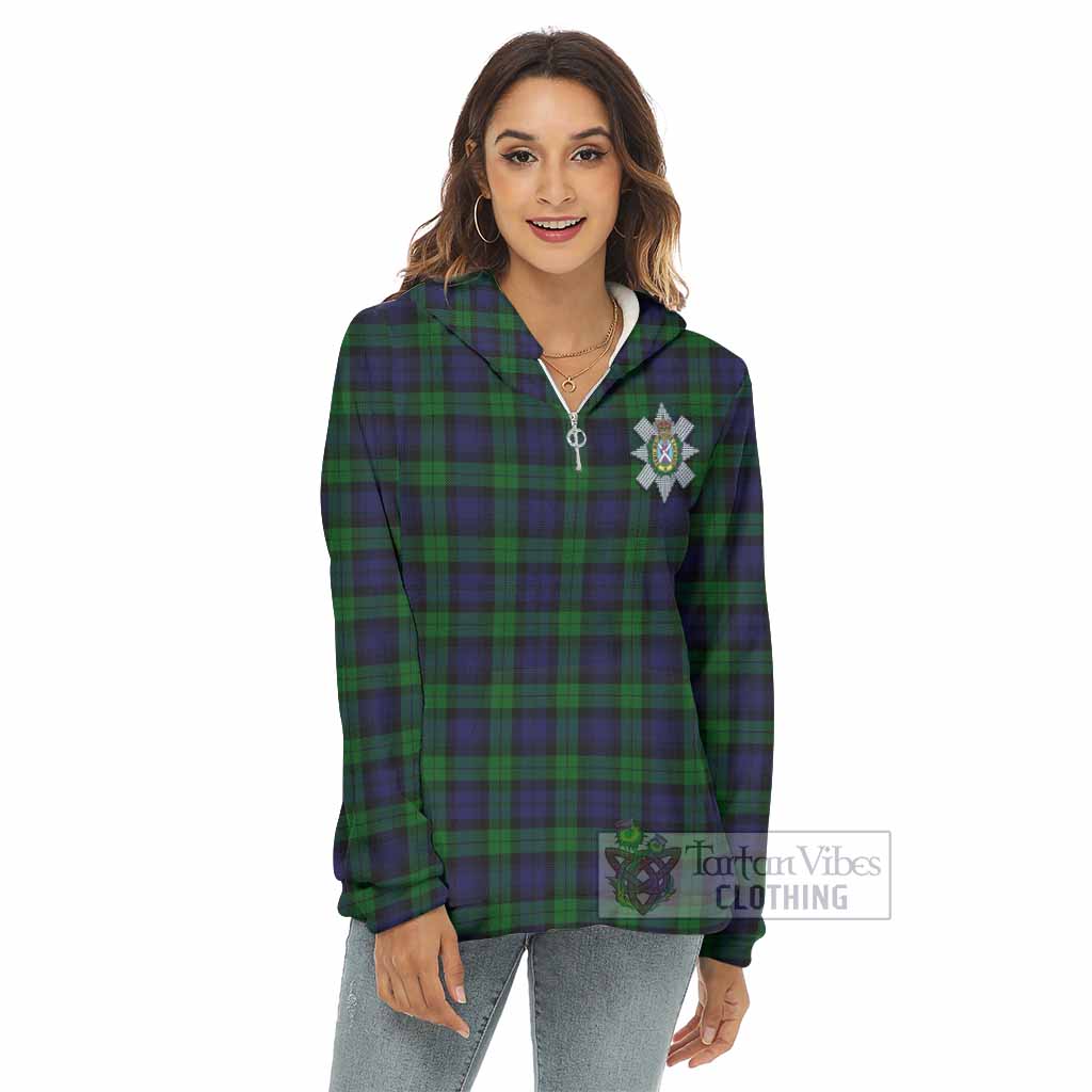 Tartan Vibes Clothing Black Watch Tartan Crest Women's Borg  Half Zip Fleece Hoodie