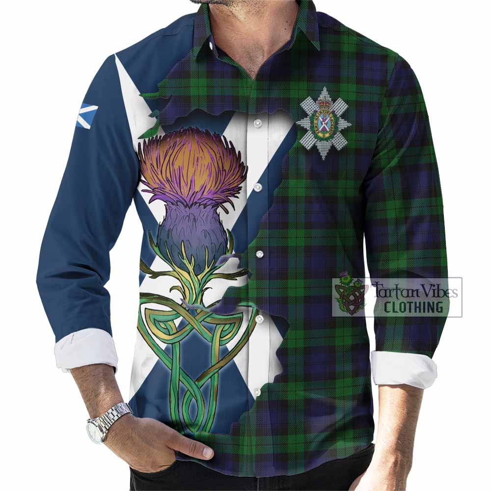 Tartan Vibes Clothing Black Watch Tartan Family Crest Long Sleeve Button Shirt Scottish Thistle Celtic Inspired