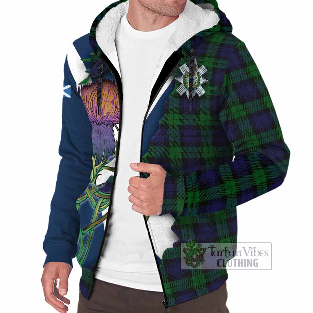 Tartan Vibes Clothing Black Watch Tartan Family Crest Sherpa Hoodie Scottish Thistle Celtic Inspired
