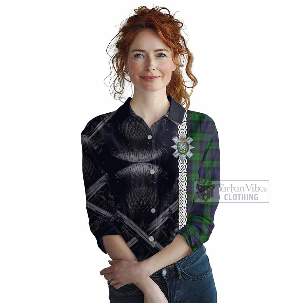 Tartan Vibes Clothing Black Watch Tartan Women's Casual Shirt with Family Crest Cross Sword Thistle Celtic Vibes