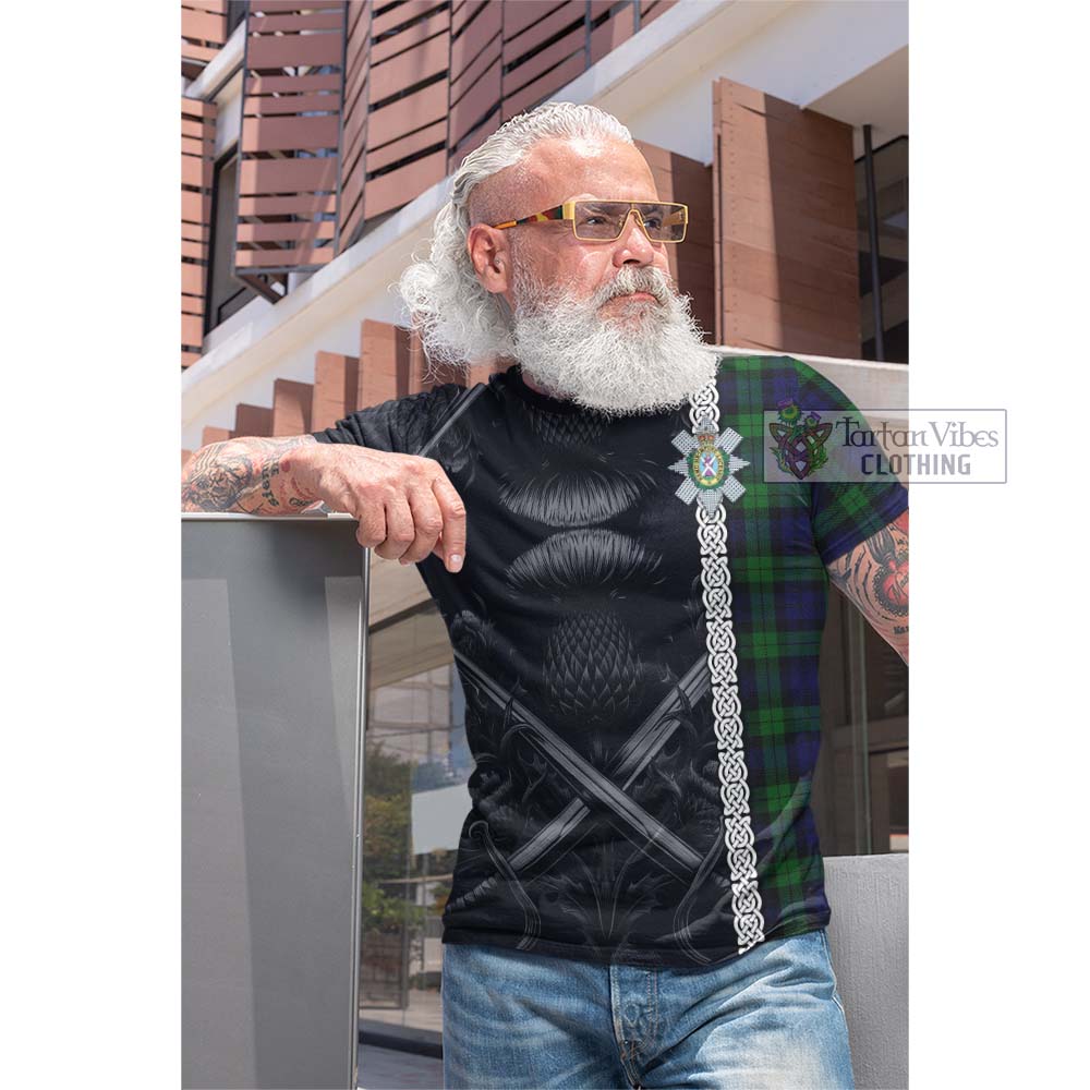 Tartan Vibes Clothing Black Watch Tartan Cotton T-shirt with Family Crest Cross Sword Thistle Celtic Vibes