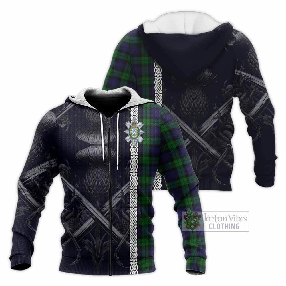 Tartan Vibes Clothing Black Watch Tartan Knitted Hoodie with Family Crest Cross Sword Thistle Celtic Vibes