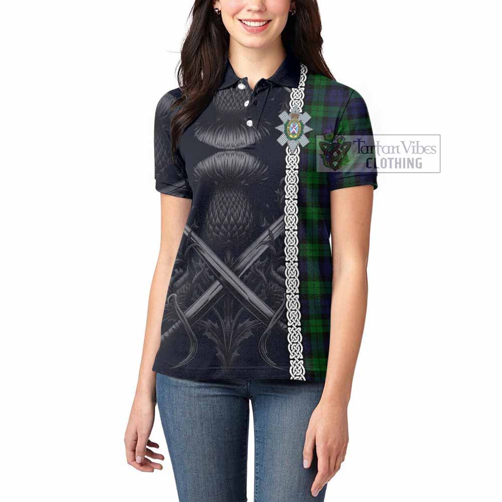 Tartan Vibes Clothing Black Watch Tartan Women's Polo Shirt with Family Crest Cross Sword Thistle Celtic Vibes