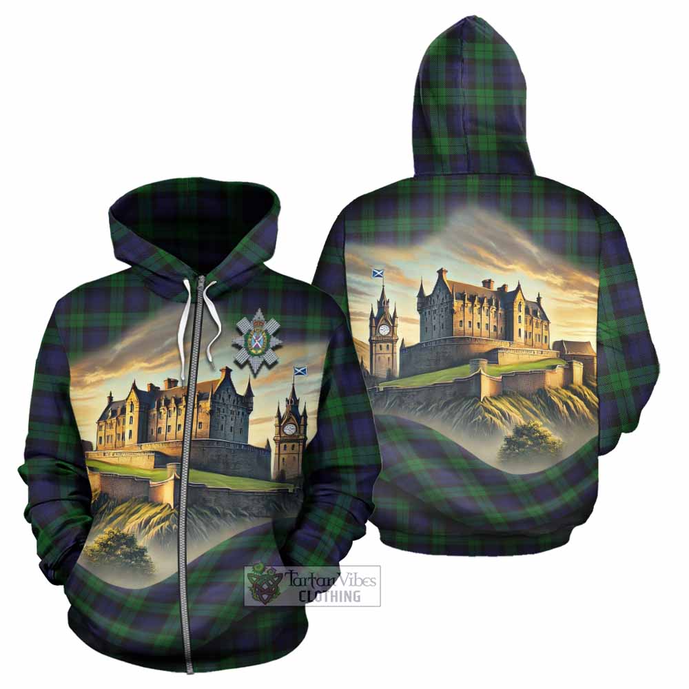 Tartan Vibes Clothing Black Watch Tartan Family Crest Hoodie with Scottish Ancient Castle Style
