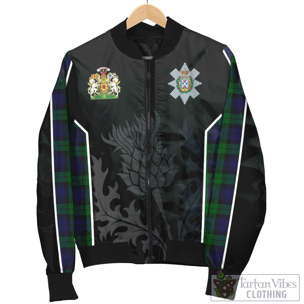 Tartan Vibes Clothing Black Watch Tartan Bomber Jacket with Family Crest and Scottish Thistle Vibes Sport Style