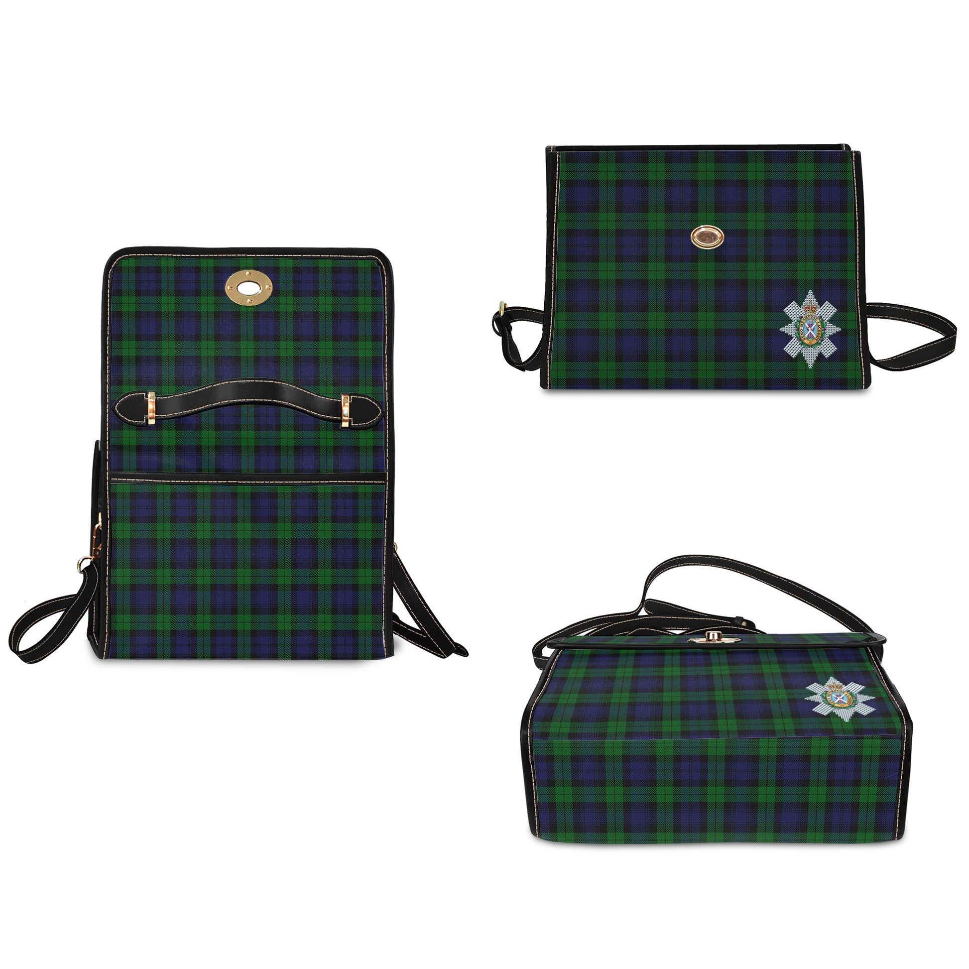Black Watch Tartan Leather Strap Waterproof Canvas Bag with Family Crest - Tartanvibesclothing
