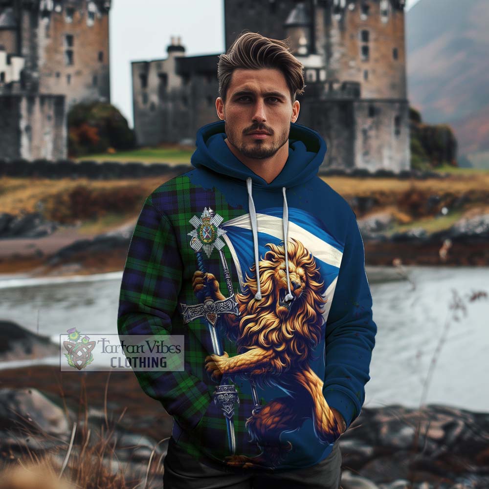 Tartan Vibes Clothing Black Watch Tartan Family Crest Cotton Hoodie with Scottish Majestic Lion