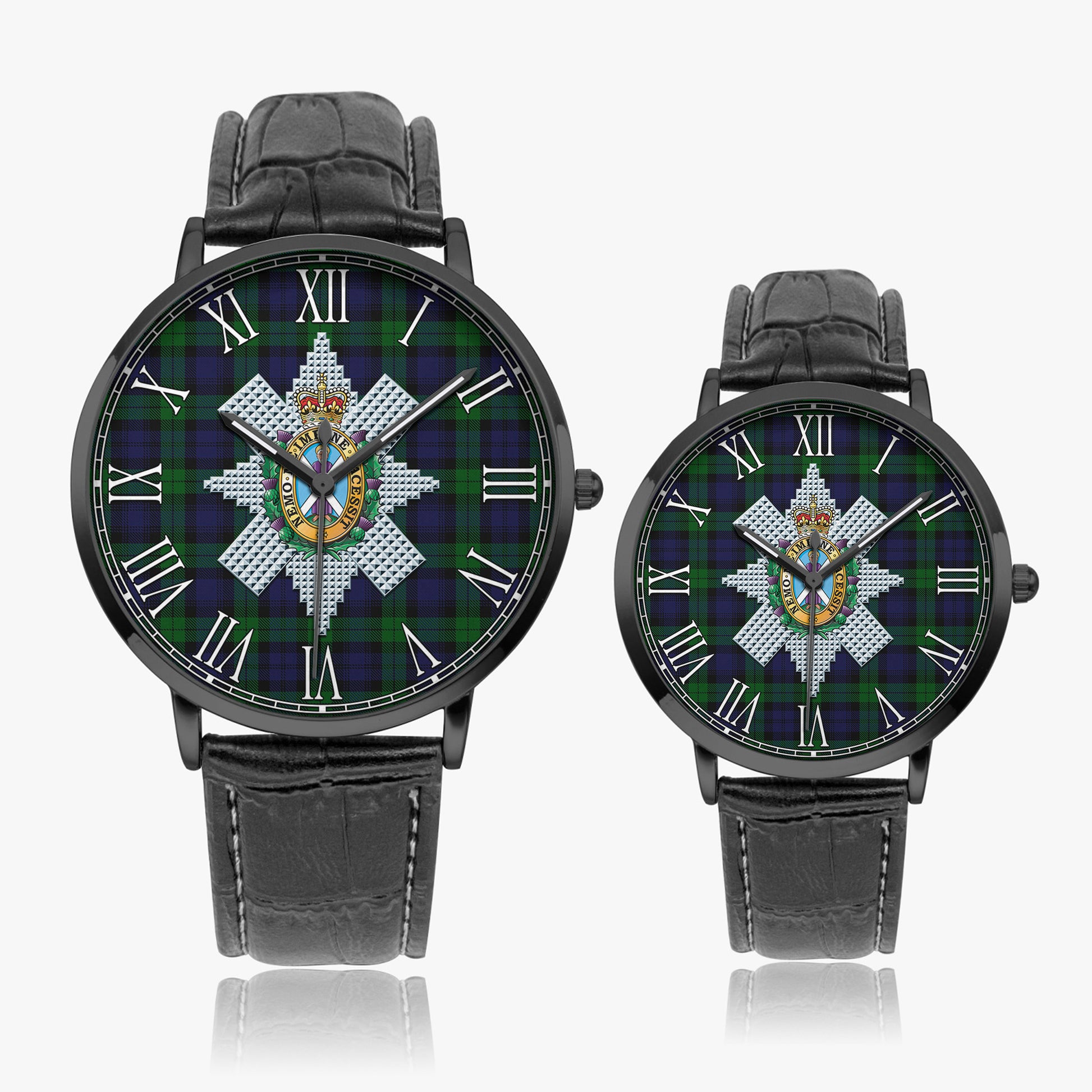 Black Watch Tartan Family Crest Leather Strap Quartz Watch - Tartanvibesclothing
