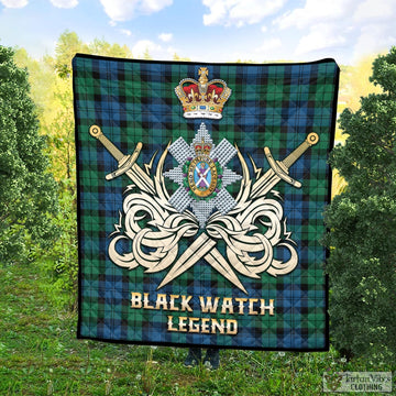 Black Watch Ancient Tartan Quilt with Clan Crest and the Golden Sword of Courageous Legacy