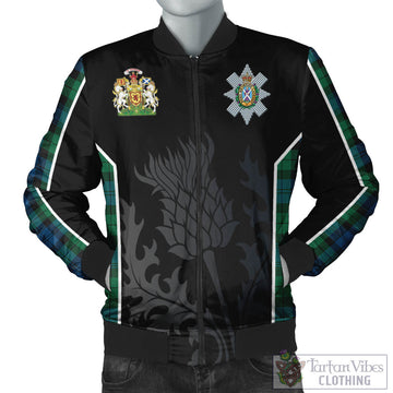 Black Watch Ancient Tartan Bomber Jacket with Family Crest and Scottish Thistle Vibes Sport Style