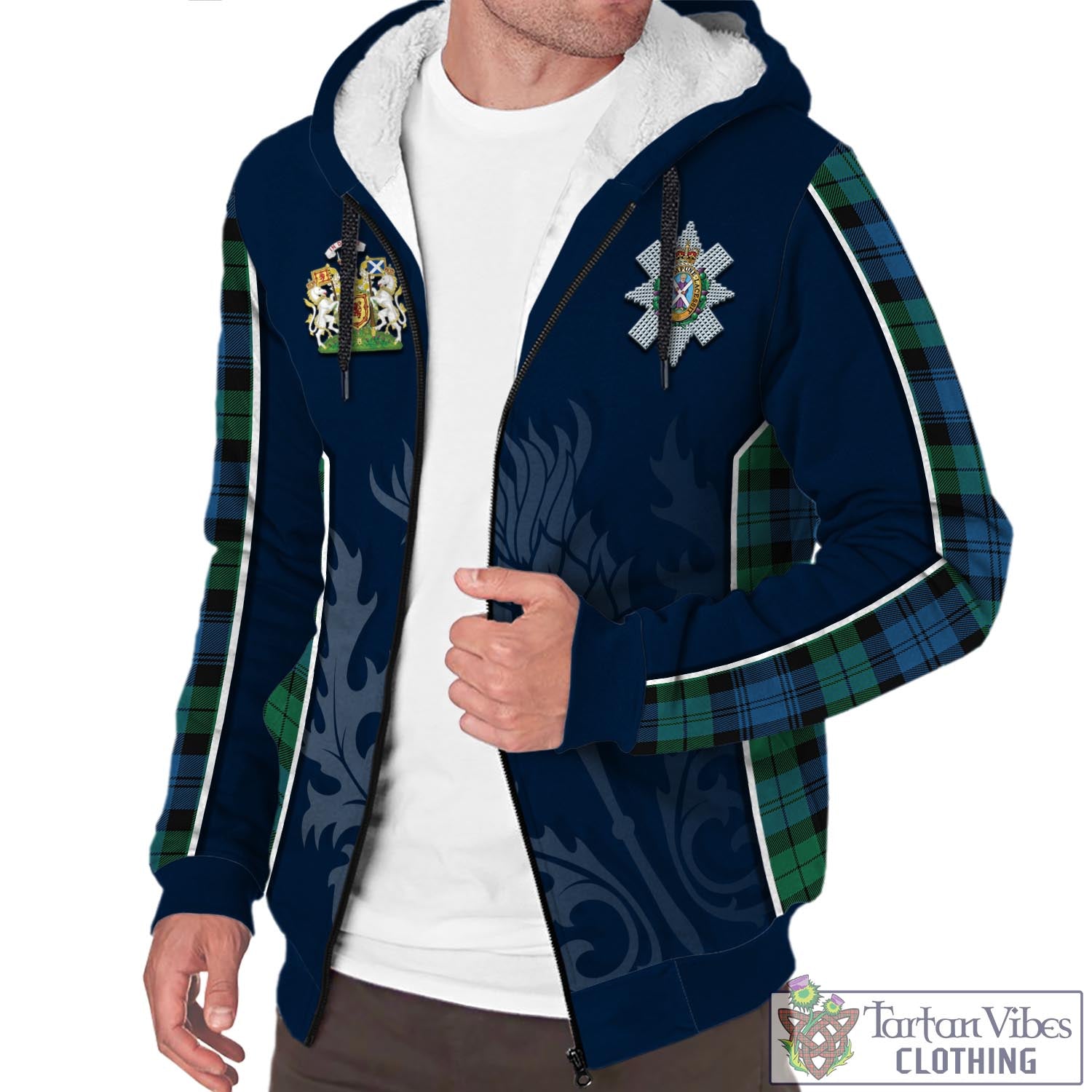 Tartan Vibes Clothing Black Watch Ancient Tartan Sherpa Hoodie with Family Crest and Scottish Thistle Vibes Sport Style