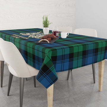 Black Watch Ancient Tartan Tablecloth with Clan Crest and the Golden Sword of Courageous Legacy