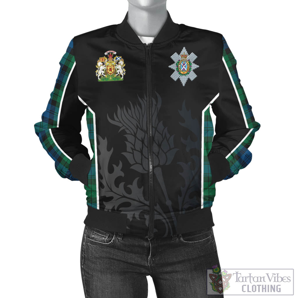 Tartan Vibes Clothing Black Watch Ancient Tartan Bomber Jacket with Family Crest and Scottish Thistle Vibes Sport Style