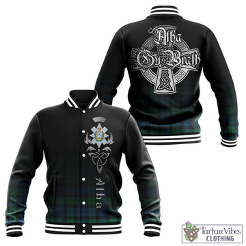 Black Watch Ancient Tartan Baseball Jacket Featuring Alba Gu Brath Family Crest Celtic Inspired