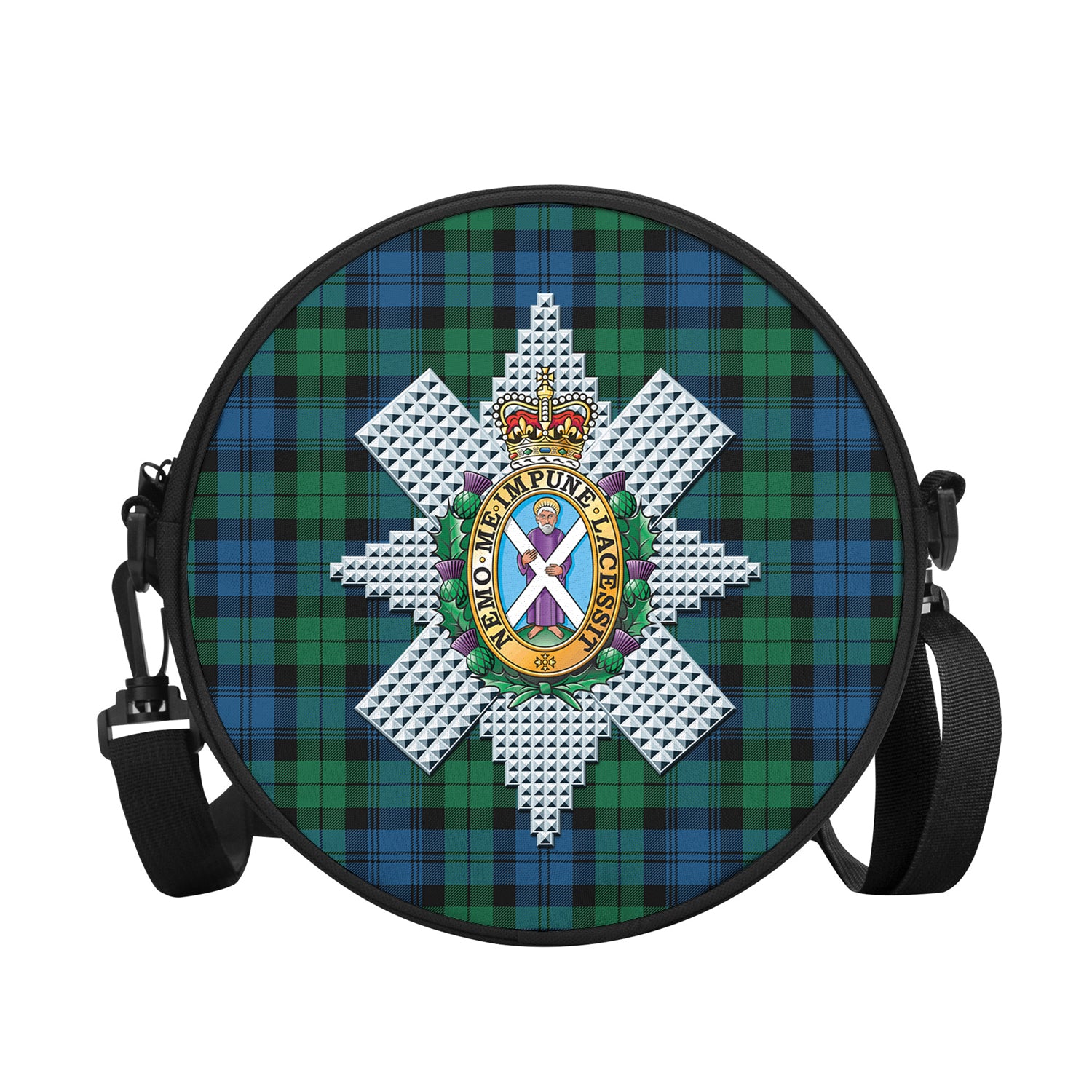 Black Watch Ancient Tartan Round Satchel Bags with Family Crest - Tartanvibesclothing