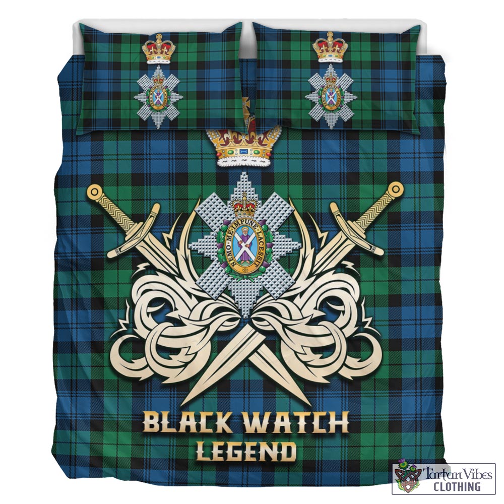 Tartan Vibes Clothing Black Watch Ancient Tartan Bedding Set with Clan Crest and the Golden Sword of Courageous Legacy