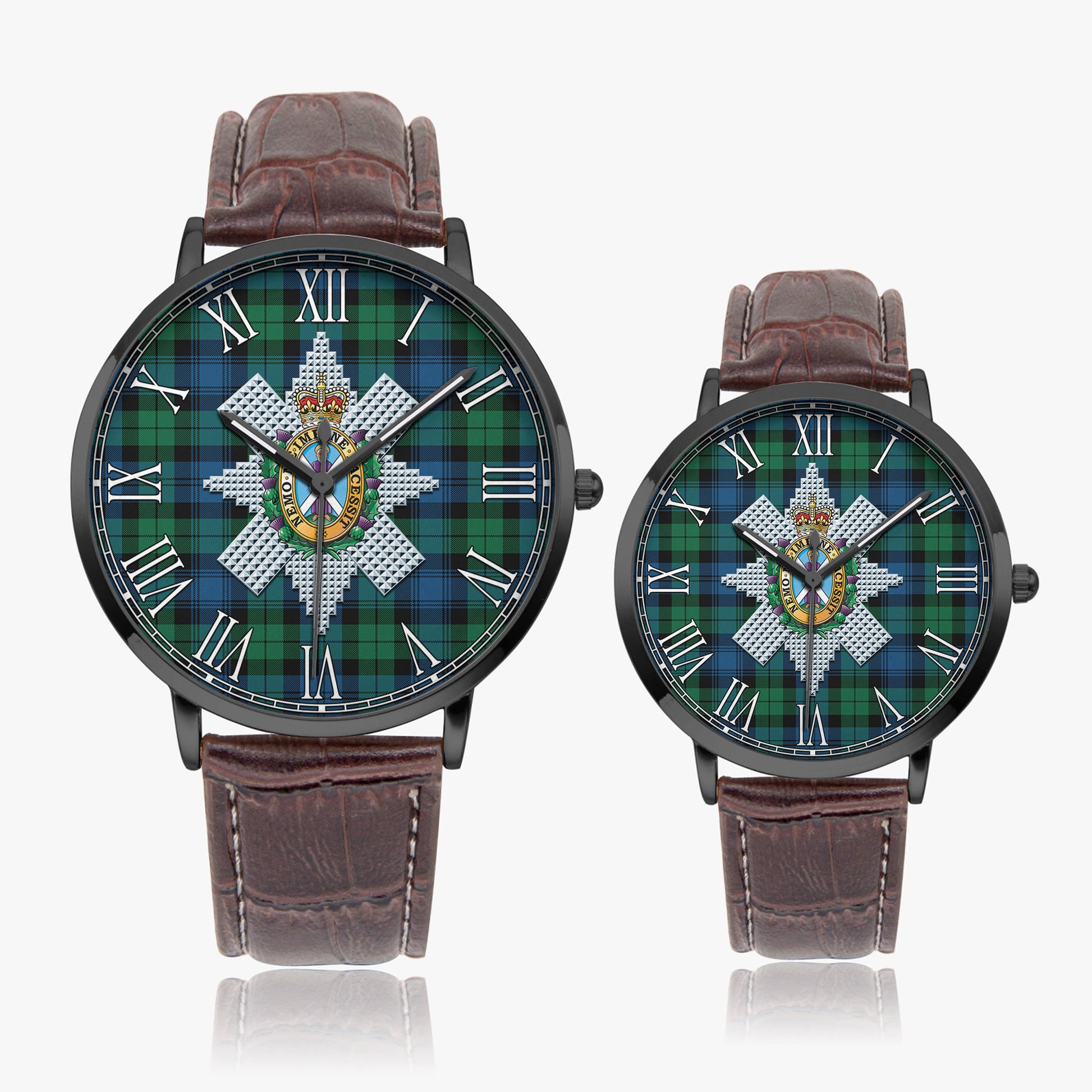 Black Watch Ancient Tartan Family Crest Leather Strap Quartz Watch - Tartanvibesclothing