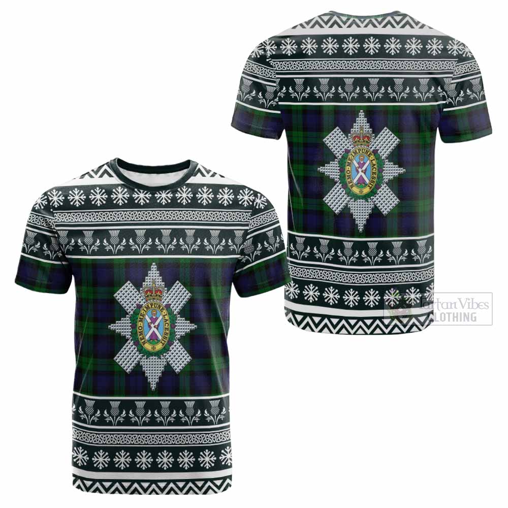 Black Watch Clan Tartan Christmas Cotton T-shirt with Family Crest - Tartan Vibes Clothing