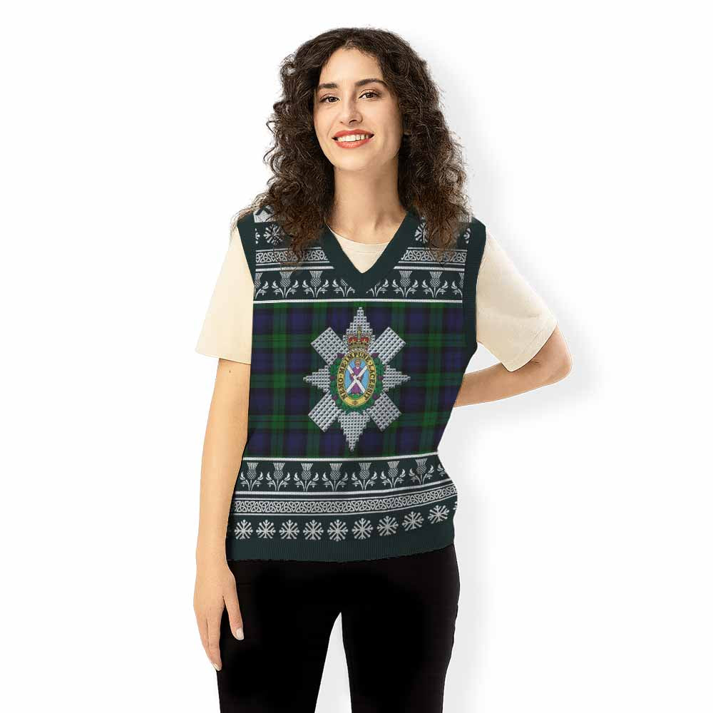 Black Watch Clan Tartan Christmas Knitted V-Neck Vest with Family Crest - Tartan Vibes Clothing