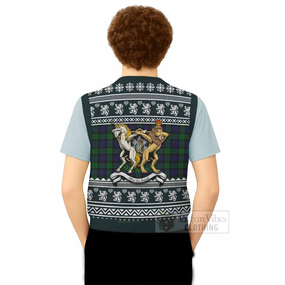 Black Watch Clan Tartan Crest Christmas Knitted V-Neck Vest Coat of Arms Funny Style - Tartan Vibes Clothing