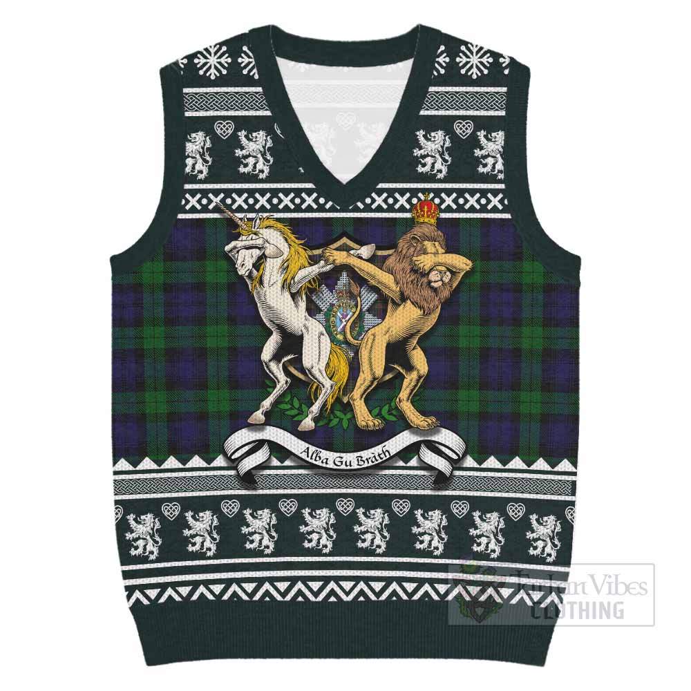 Black Watch Clan Tartan Crest Christmas Knitted V-Neck Vest Coat of Arms Funny Style - Tartan Vibes Clothing