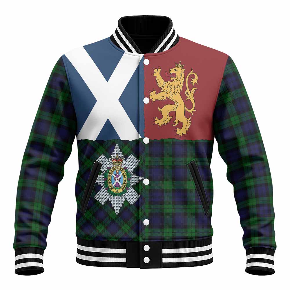 Black Watch Crest Tartan Baseball Jacket with Lion Rampant Saltire Style