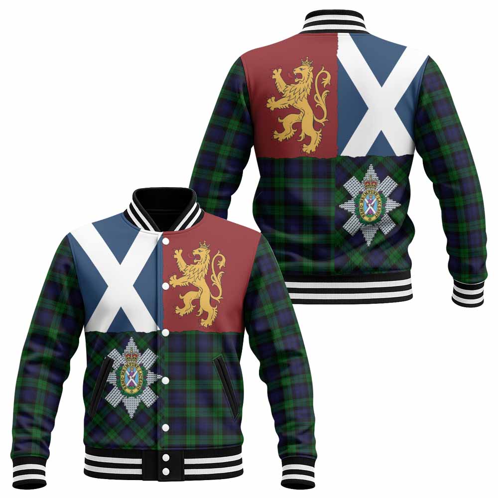 Black Watch Crest Tartan Baseball Jacket with Lion Rampant Saltire Style