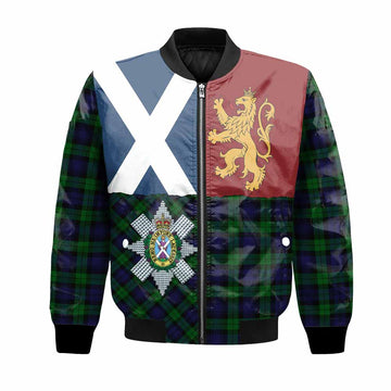 Black Watch Crest Tartan Bomber Jacket with Lion Rampant Saltire Style