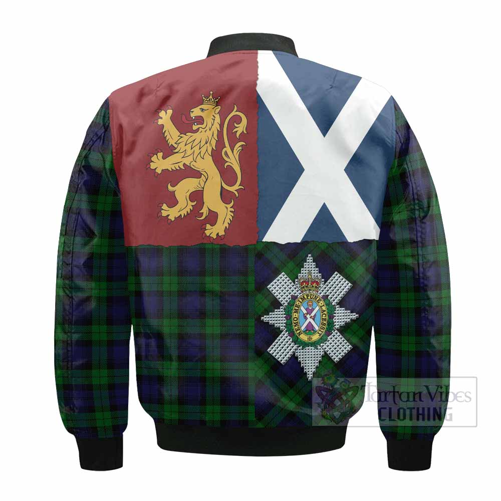 Black Watch Crest Tartan Bomber Jacket with Lion Rampant Saltire Style