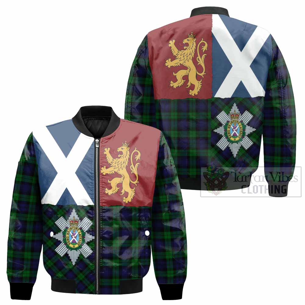 Black Watch Crest Tartan Bomber Jacket with Lion Rampant Saltire Style
