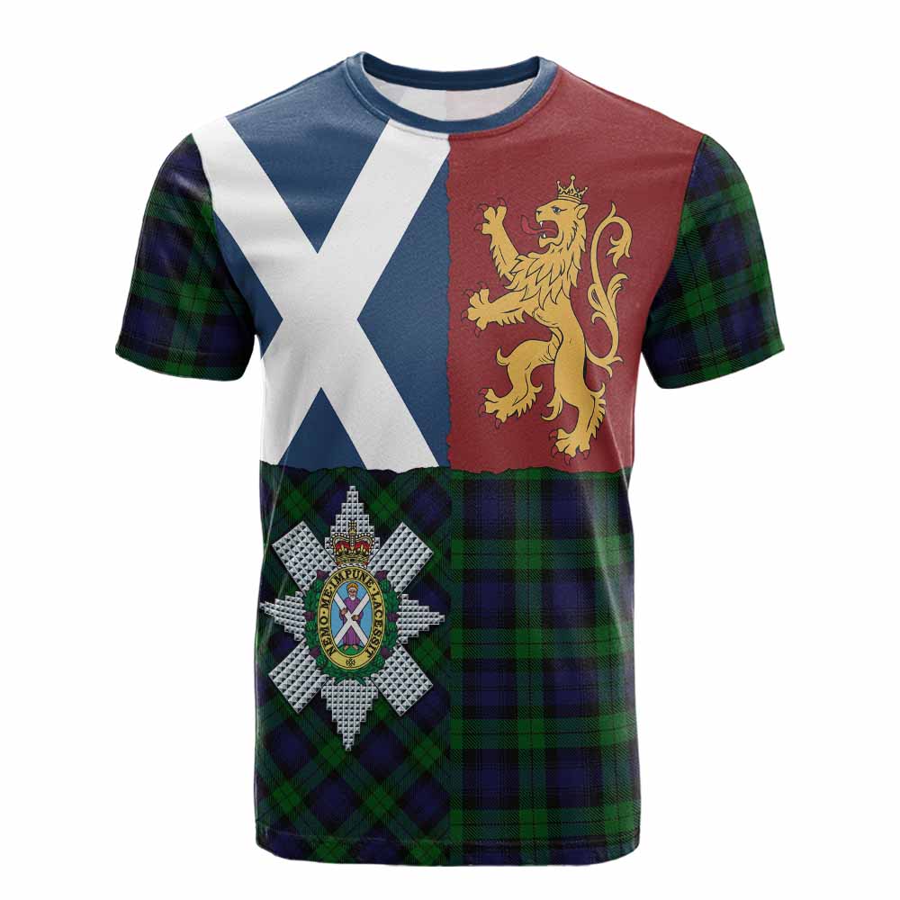 Black Watch Crest Tartan Cotton T-shirt with Lion Rampant Saltire Style - Tartan Vibes Clothing