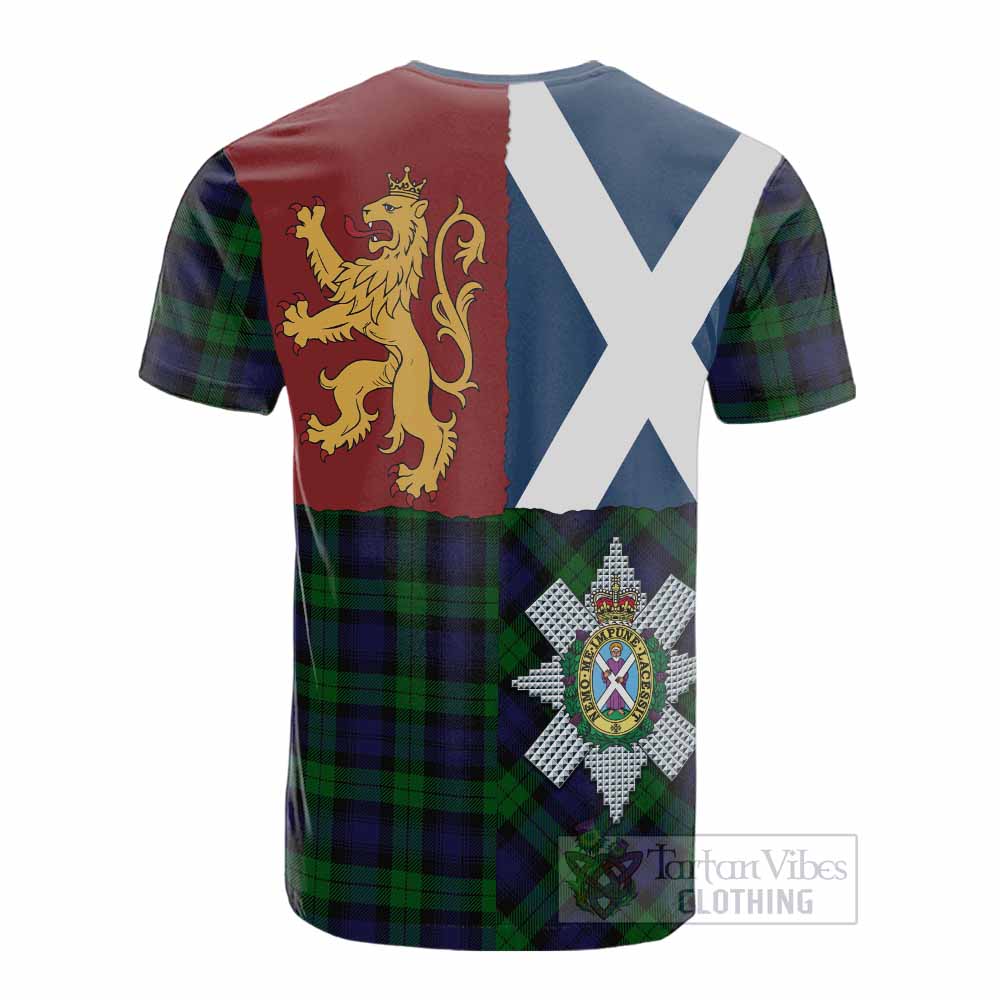 Black Watch Crest Tartan Cotton T-shirt with Lion Rampant Saltire Style - Tartan Vibes Clothing