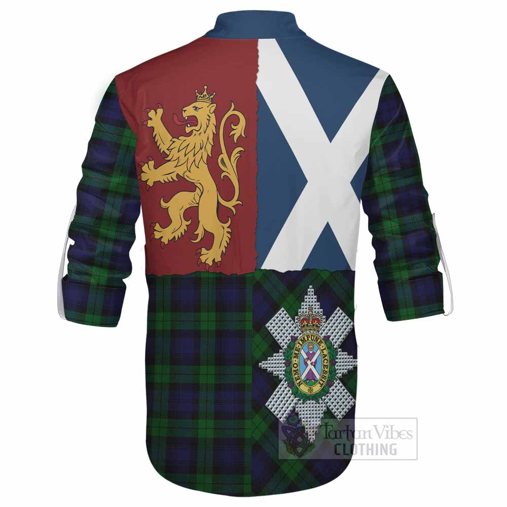 Black Watch Crest Tartan Ghillie Shirt with Lion Rampant Saltire Style - Tartan Vibes Clothing