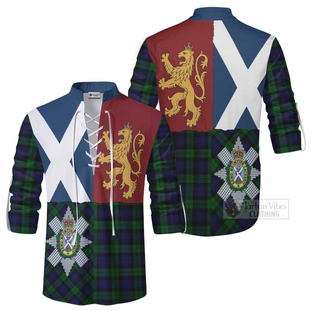 Black Watch Crest Tartan Ghillie Shirt with Lion Rampant Saltire Style - Tartan Vibes Clothing