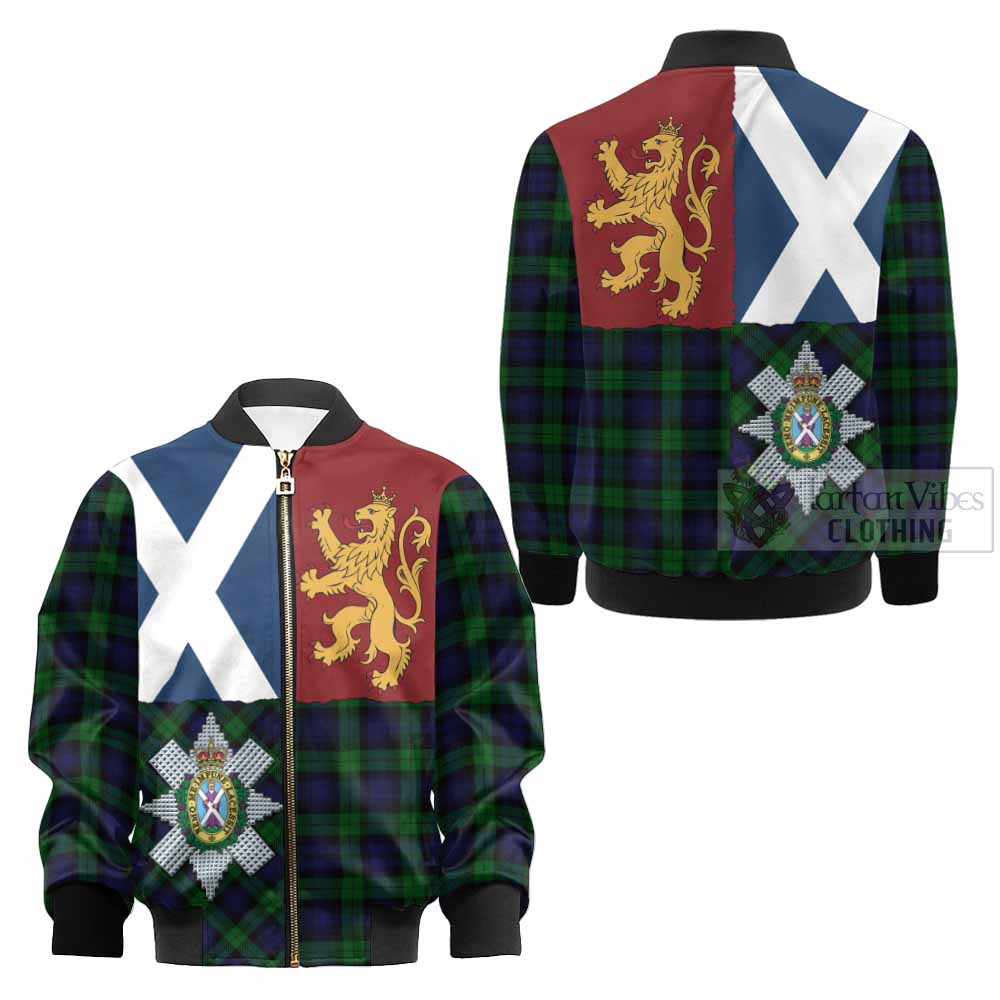 Black Watch Crest Tartan Kid Bomber Jacket with Lion Rampant Saltire Style - Tartan Vibes Clothing