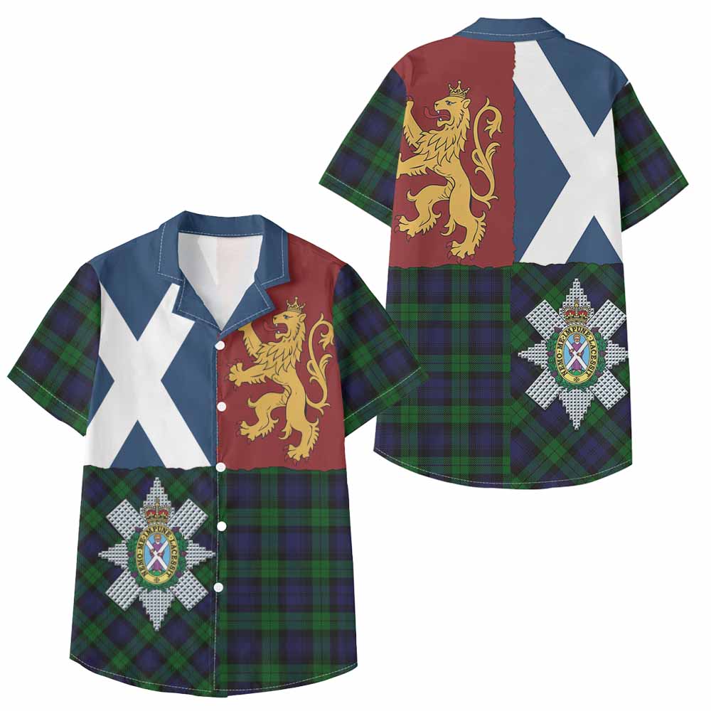 Black Watch Crest Tartan Kid Hawaiian Shirt with Lion Rampant Saltire Style - Tartan Vibes Clothing