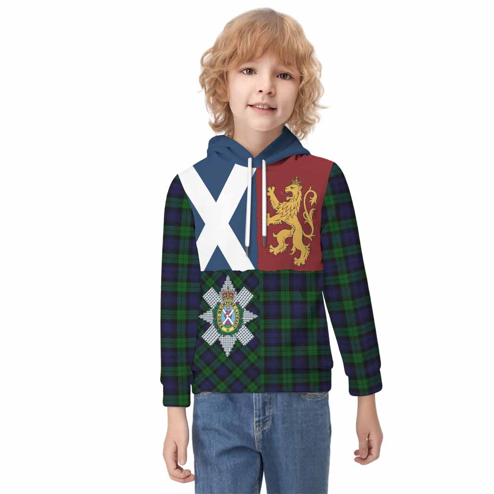 Black Watch Crest Tartan Kid Hoodie with Lion Rampant Saltire Style - Tartan Vibes Clothing