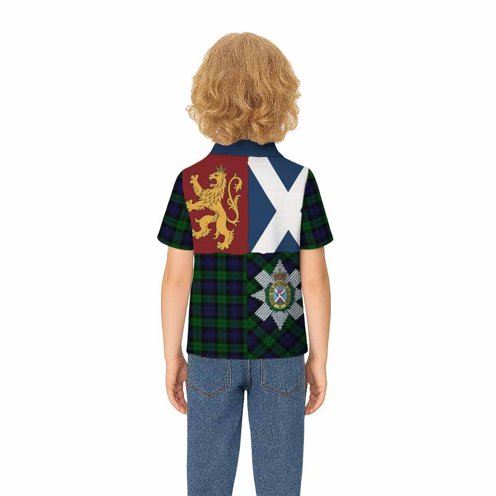Black Watch Crest Tartan Kid Polo Shirt with Lion Rampant Saltire Style - Tartan Vibes Clothing