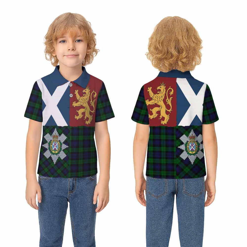 Black Watch Crest Tartan Kid Polo Shirt with Lion Rampant Saltire Style - Tartan Vibes Clothing
