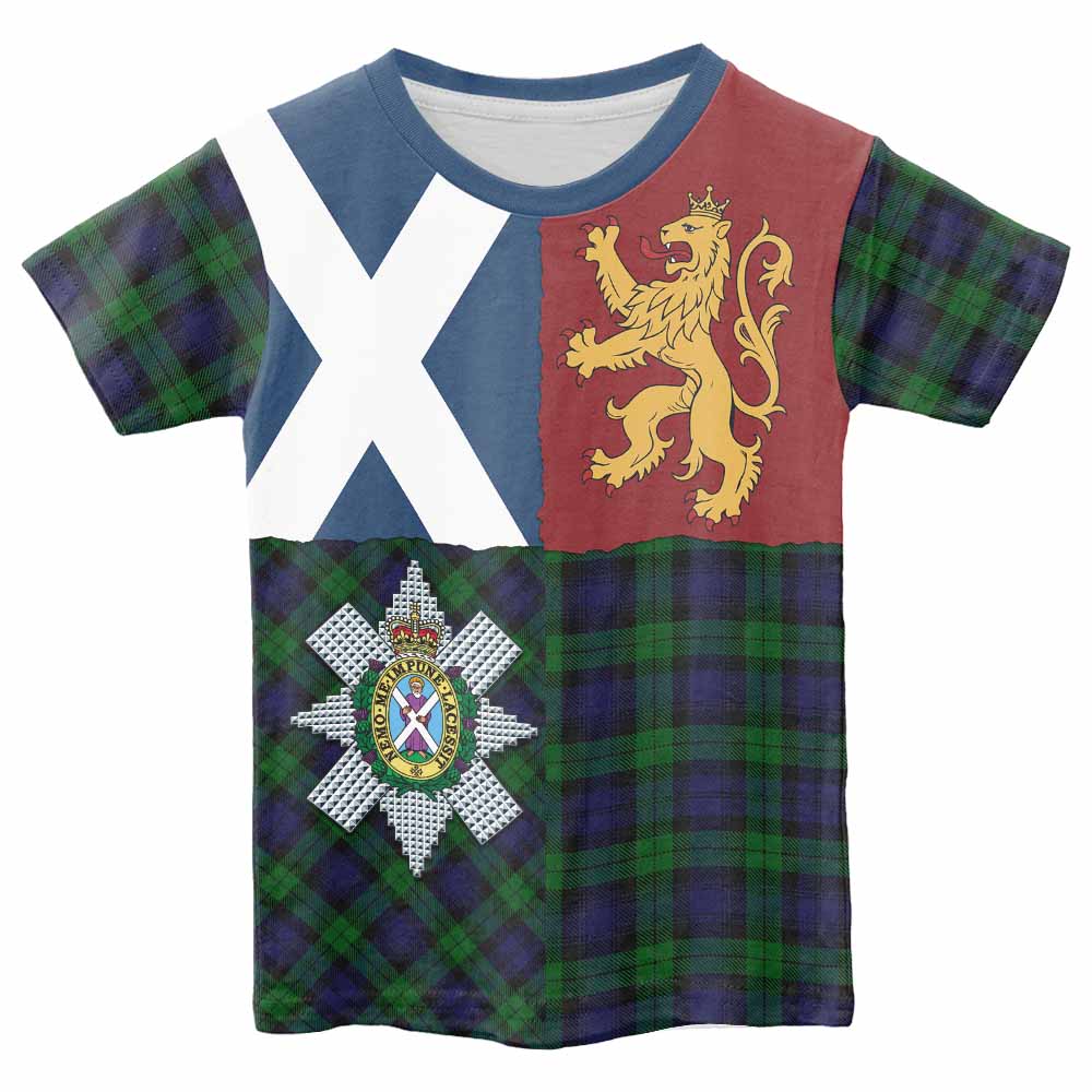 Black Watch Crest Tartan Kid T-shirt with Lion Rampant Saltire Style - Tartan Vibes Clothing