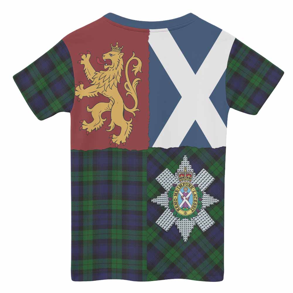 Black Watch Crest Tartan Kid T-shirt with Lion Rampant Saltire Style - Tartan Vibes Clothing