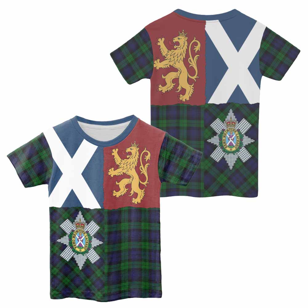 Black Watch Crest Tartan Kid T-shirt with Lion Rampant Saltire Style - Tartan Vibes Clothing
