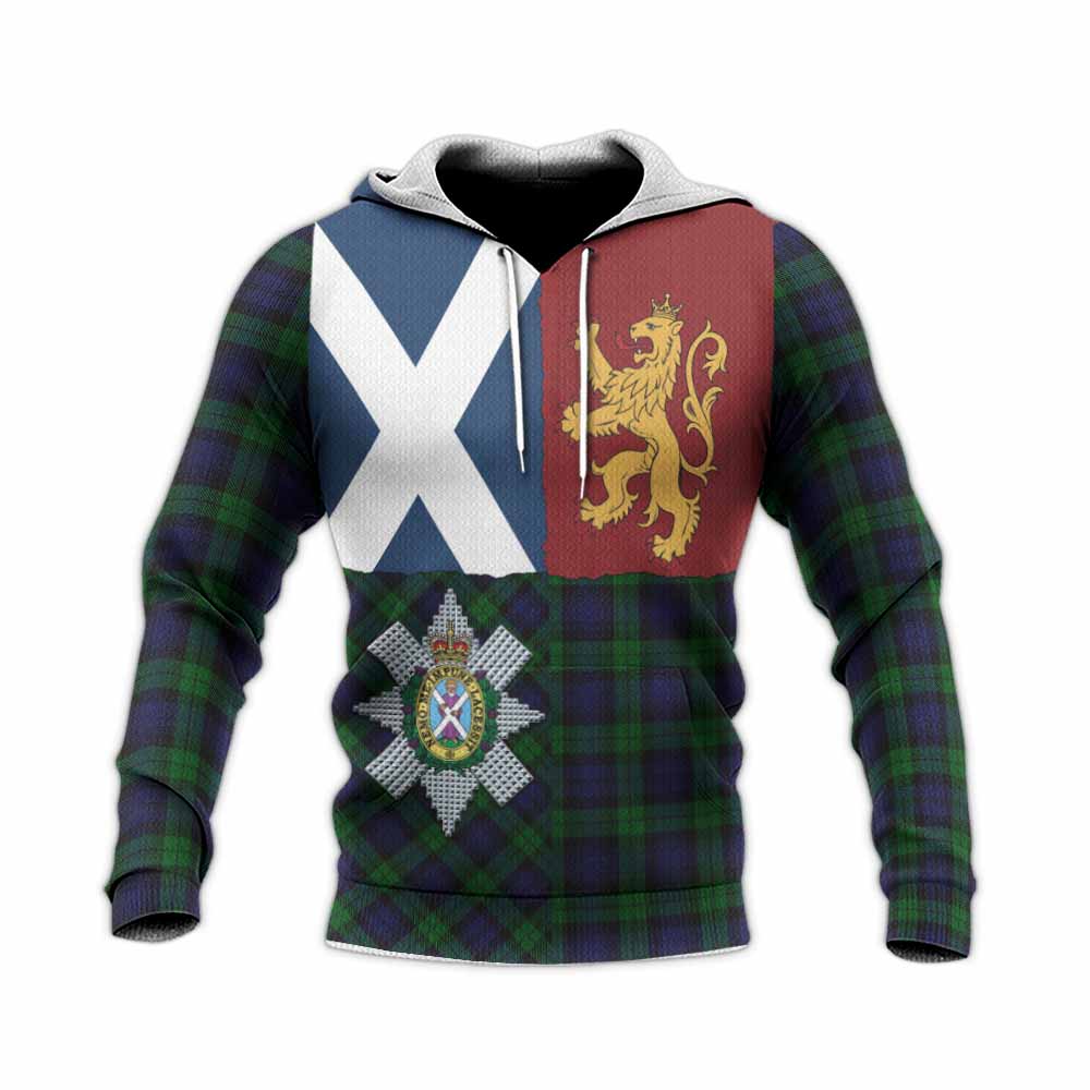 Black Watch Crest Tartan Knitted Hoodie with Lion Rampant Saltire Style