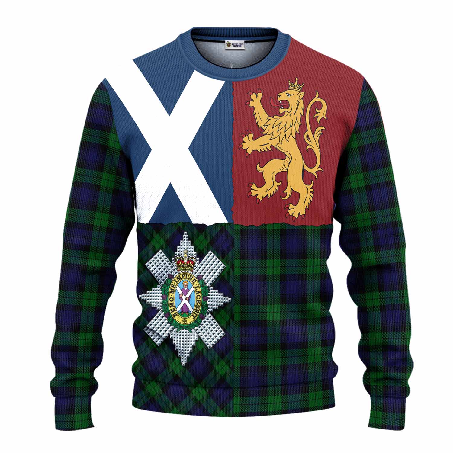 Black Watch Crest Tartan Knitted Sweater with Lion Rampant Saltire Style
