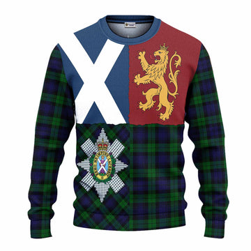Black Watch Crest Tartan Knitted Sweater with Lion Rampant Saltire Style