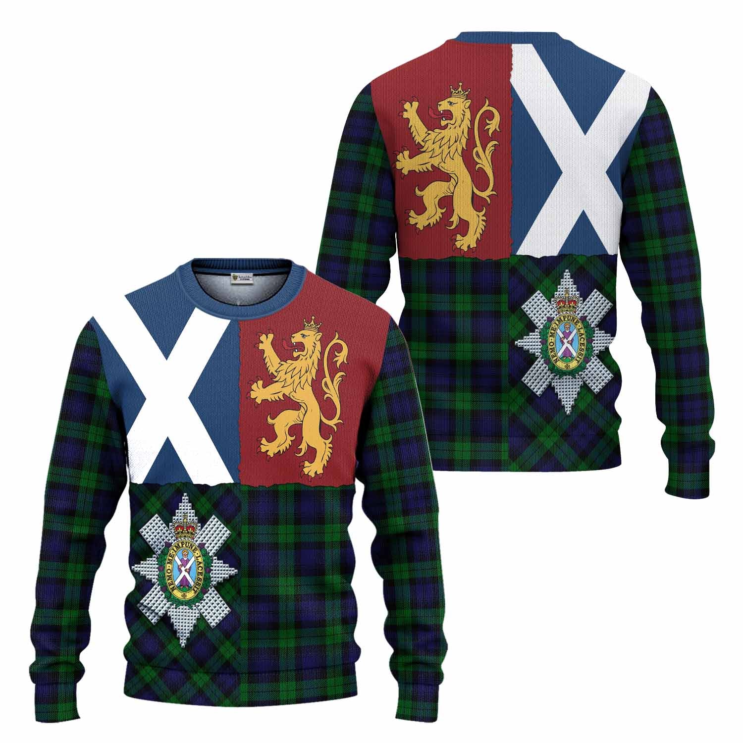 Black Watch Crest Tartan Knitted Sweater with Lion Rampant Saltire Style