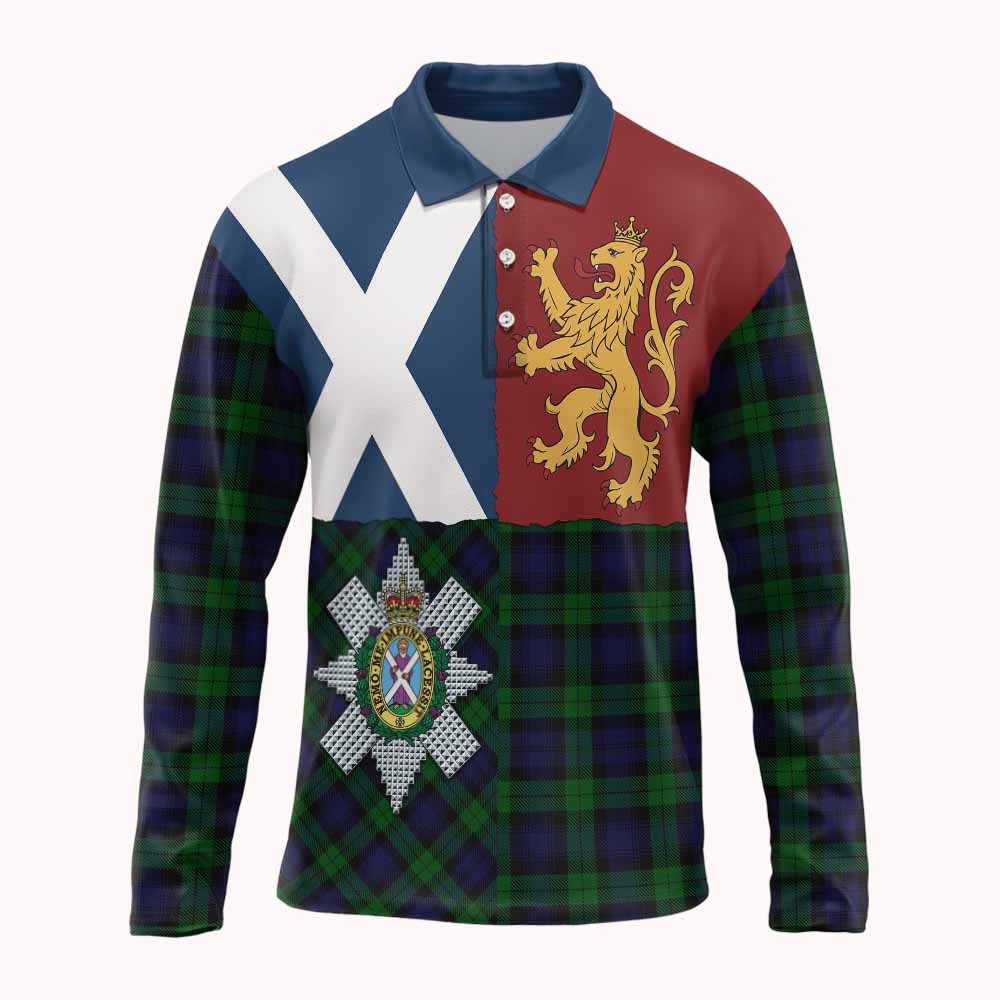 Black Watch Crest Tartan Long Sleeve Polo Shirt with Lion Rampant Saltire Style