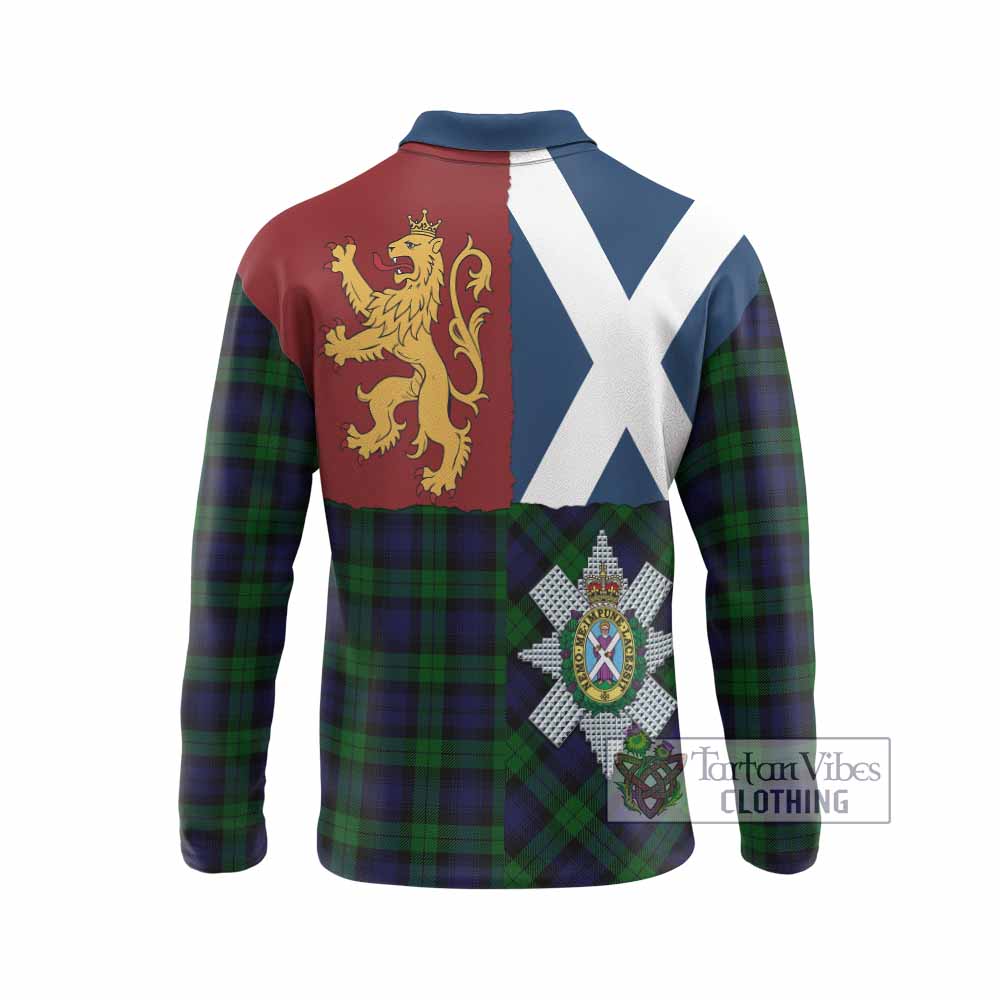Black Watch Crest Tartan Long Sleeve Polo Shirt with Lion Rampant Saltire Style