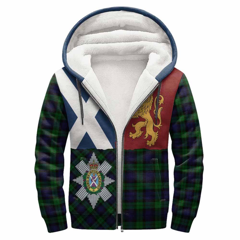 Black Watch Crest Tartan Sherpa Hoodie with Lion Rampant Saltire Style